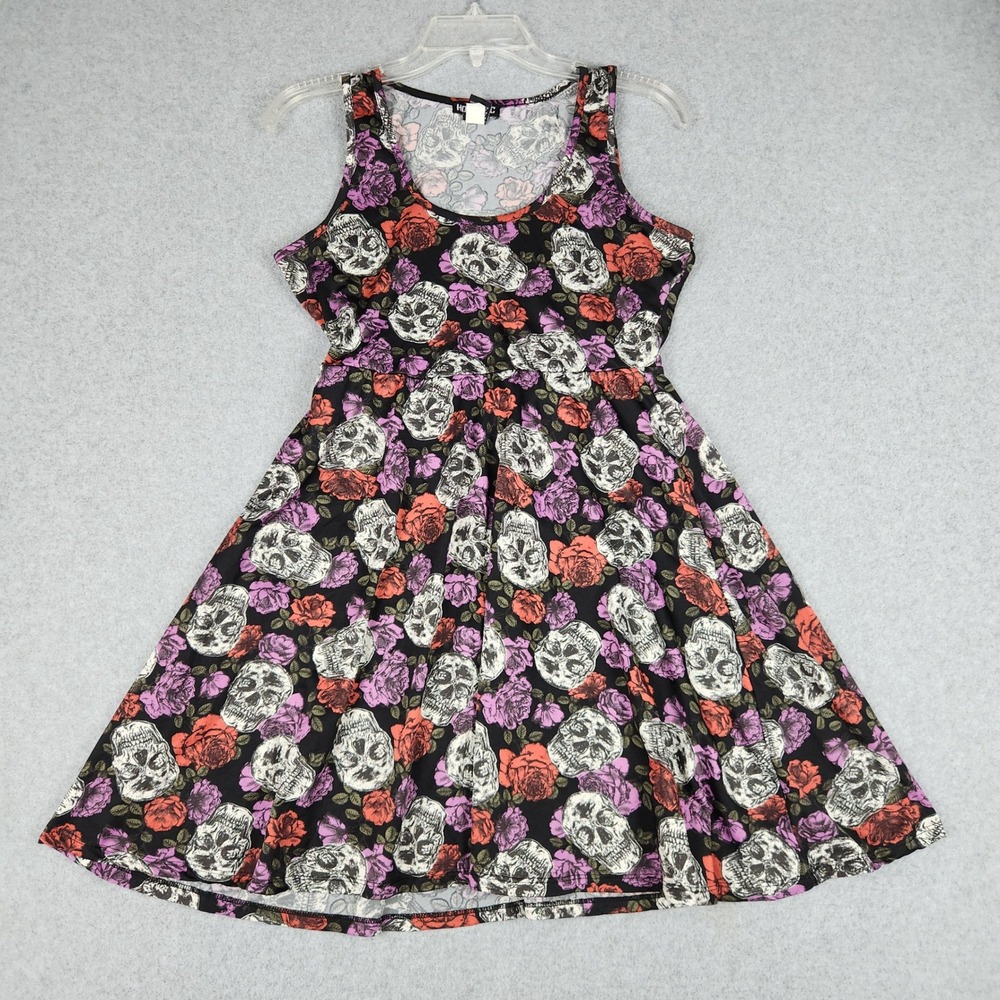 Hot Topic Skater Fit & Flare Dress Womens S Black Skull Floral Rose Sleeveless